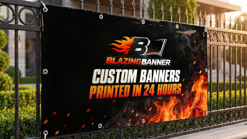 The finished Custom Banners banner hanging on an iron fence in the sun