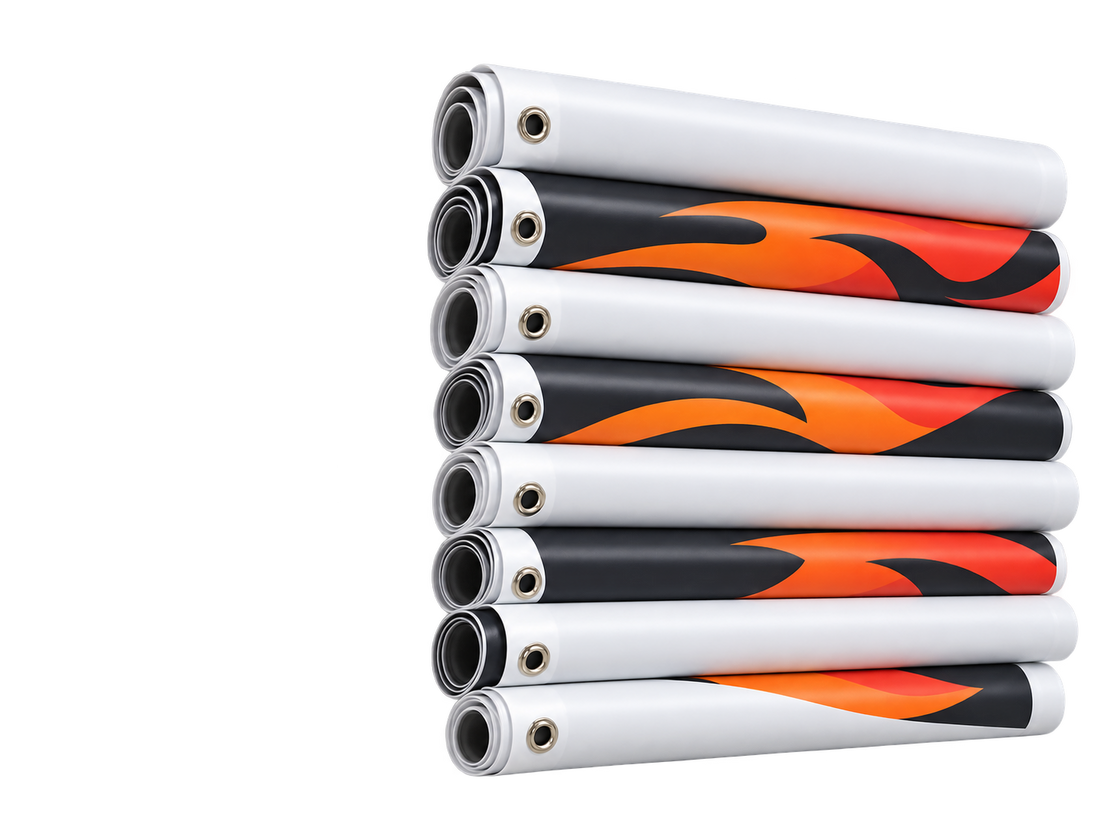 Stack of finished rolled vinyl banners