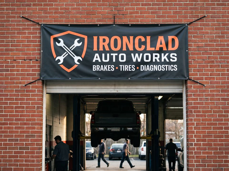 Automotive & Shops example: Ironclad Auto Works · Brakes, tires, diagnostics banner
