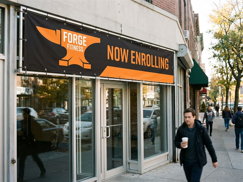 Fitness & Retail example: Forge Fitness · Now enrolling banner