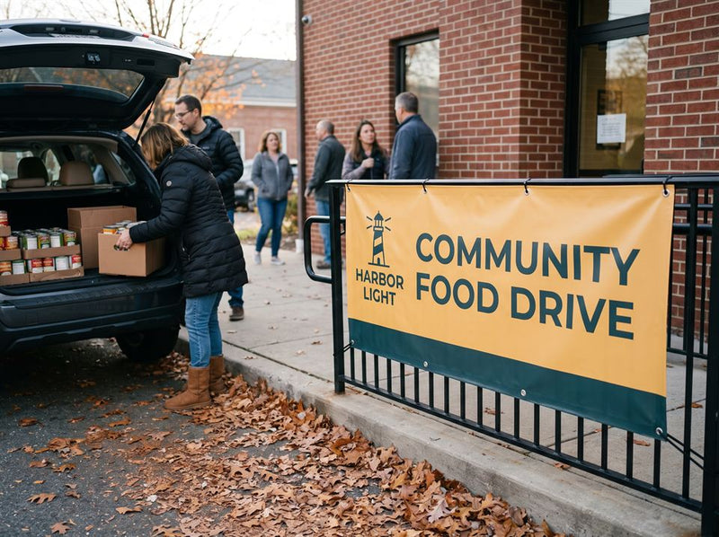 Nonprofits & Churches example: Harbor Light · Community food drive banner