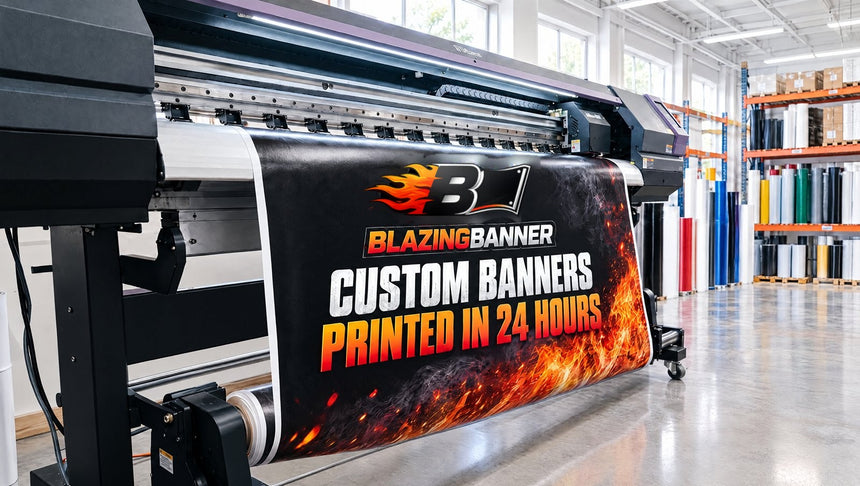 The Custom Banners design printing on a wide-format printer in the warehouse