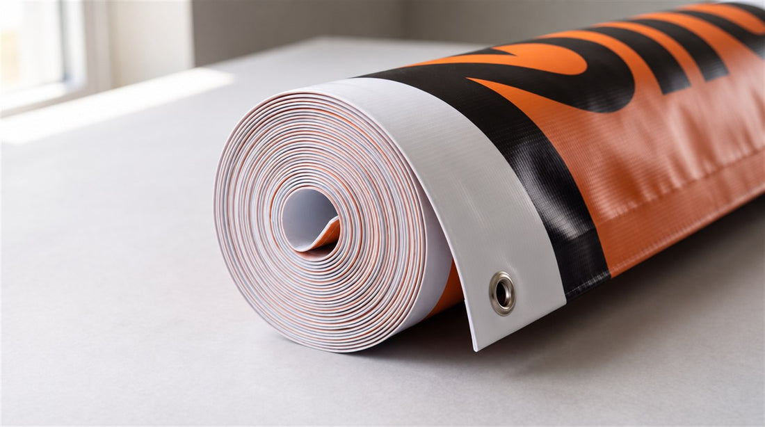 Tightly rolled 13 oz vinyl banner, end view showing the layers