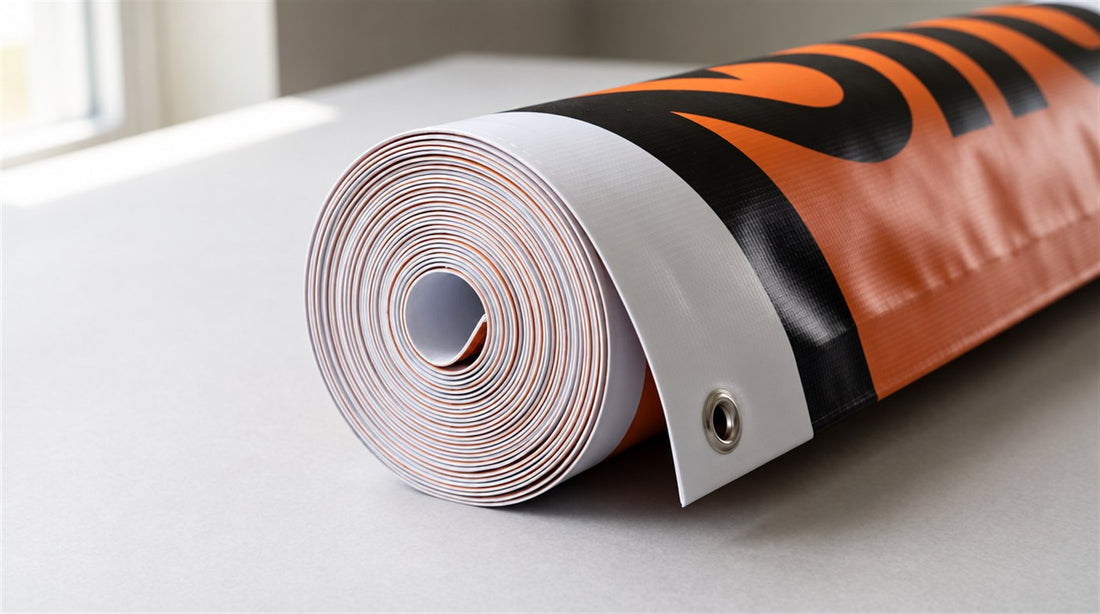 Tightly rolled 15 oz vinyl banner, end view showing the layers