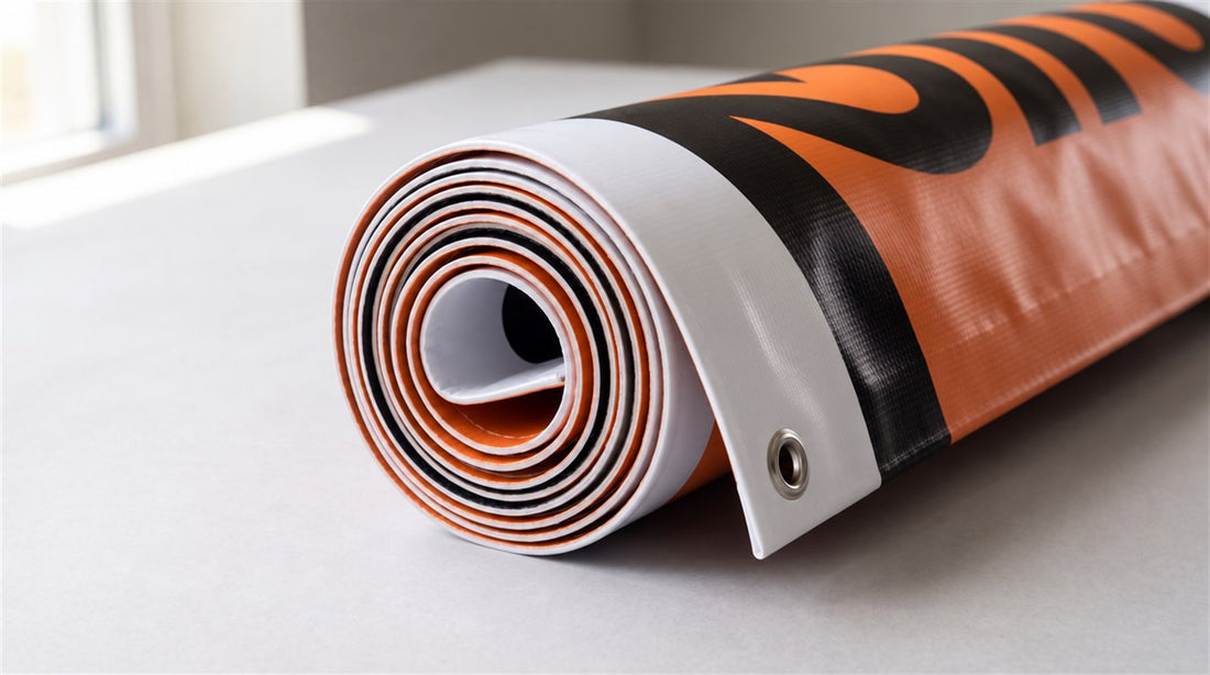 Tightly rolled 18 oz vinyl banner, end view showing the layers
